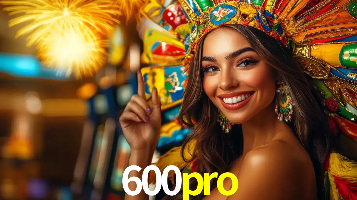 Mulher sorridente com um cocar de carnaval vibrante e colorido, celebrando uma grande vitória nos jogos do cassino 600pro com fogos de artifício ao fundo.
