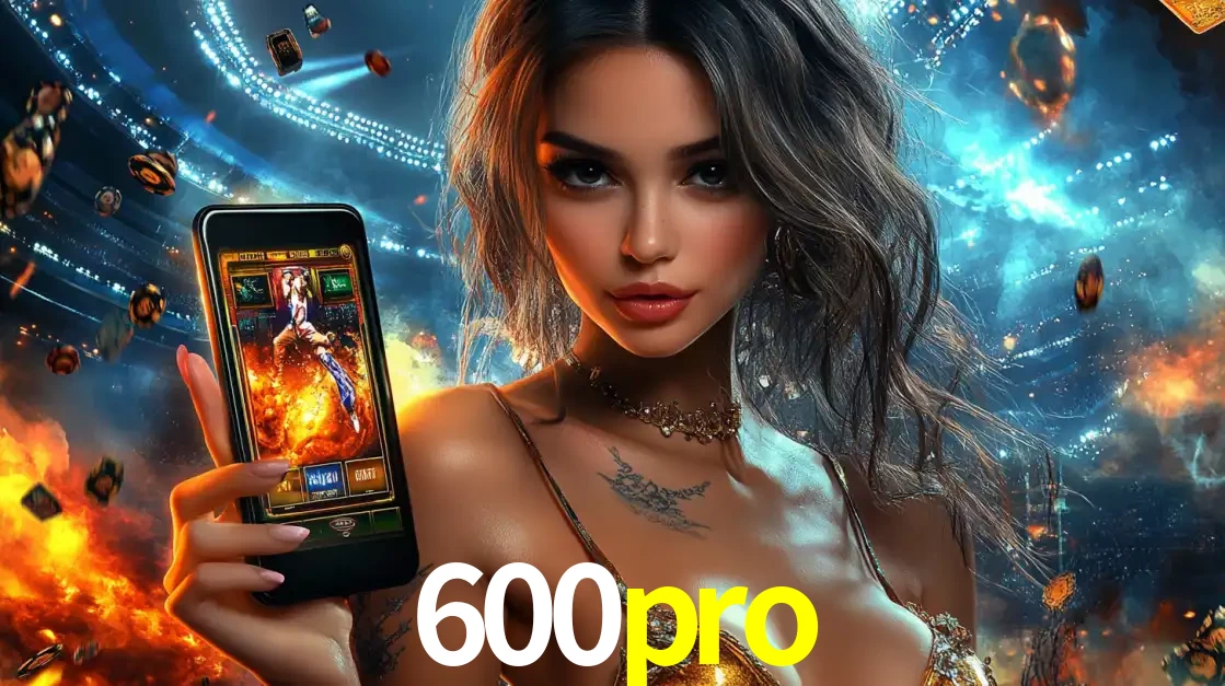 Mulher segurando um celular com um jogo de slot em destaque, tendo como fundo um estádio vibrante, simbolizando a emoção de jogar no cassino móvel 600pro.